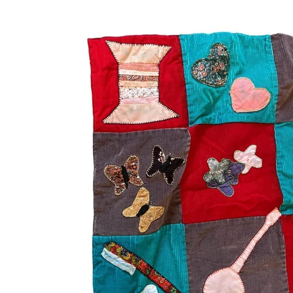 Handmade Quilt Throw Corduroy Home Family Dogs Birds Doves 66‎ x 51